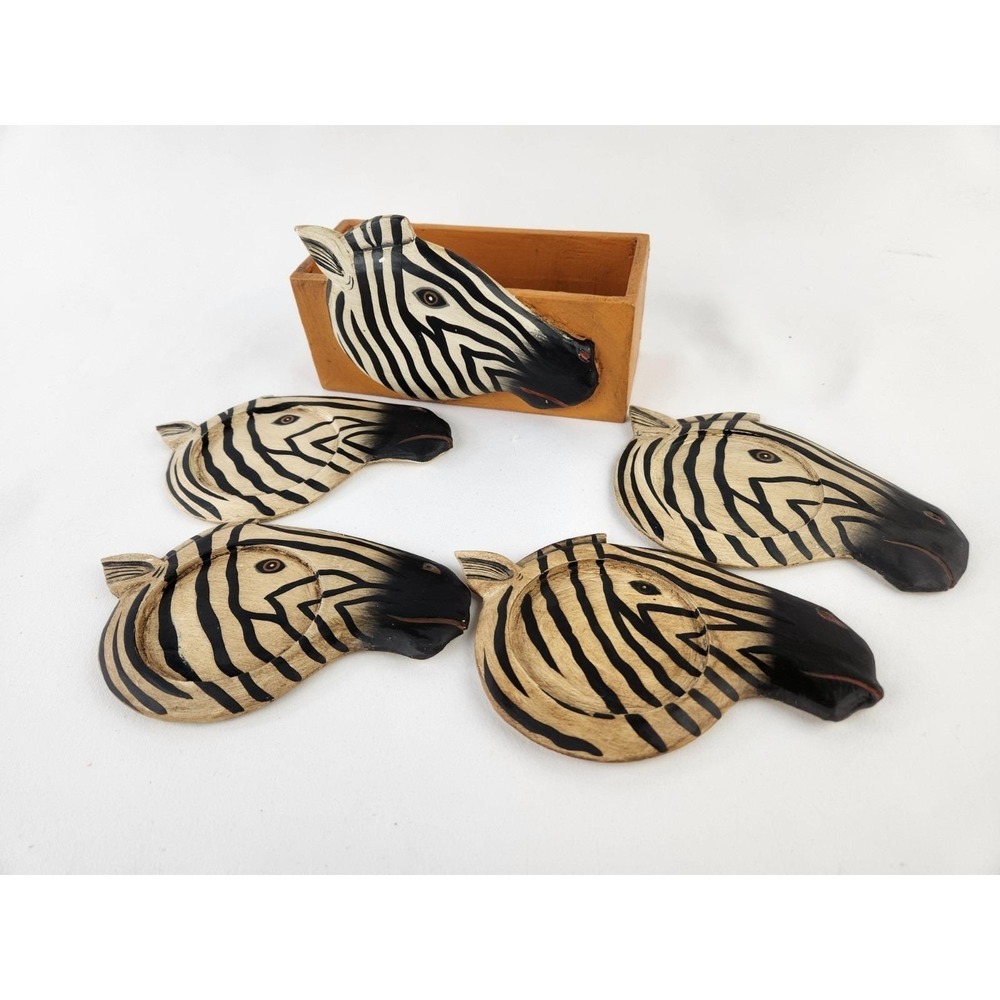 Zebra‎ Head Wood Coasters Set Holder Lily M Wilson Hand Painted Safari MCM VTG